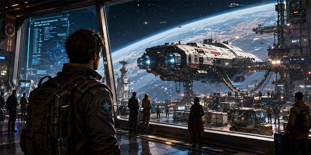 New Traveller character watching a free trader starship prepare for jump at a busy starport.